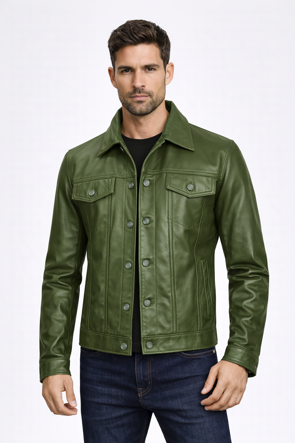 Men's Olive Green Leather Trucker Jacket - Front