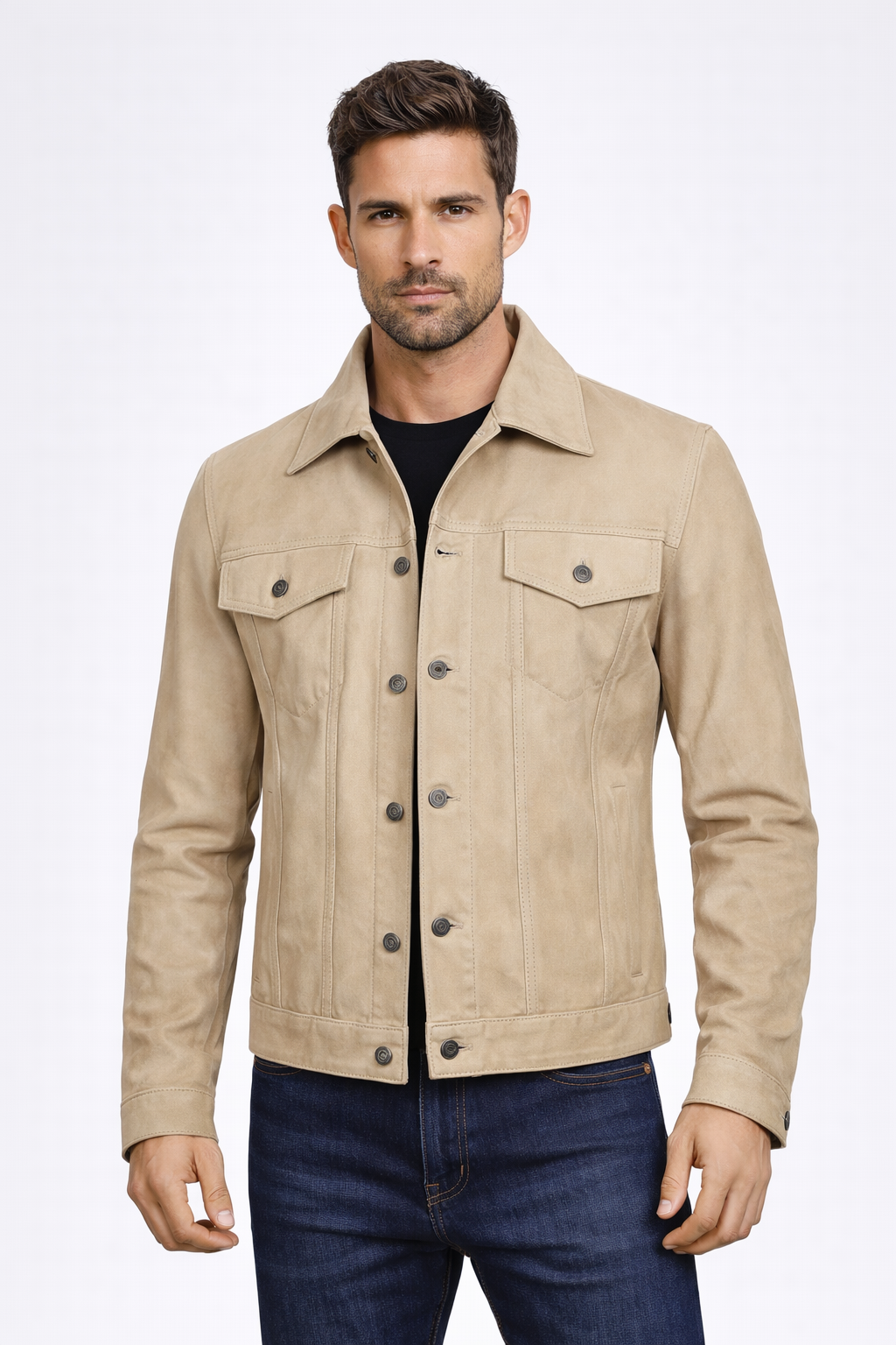 Men's Camel Suede Leather Trucker Jacket - Front