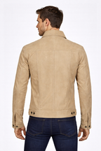 Men's Camel Suede Leather Trucker Jacket - Back