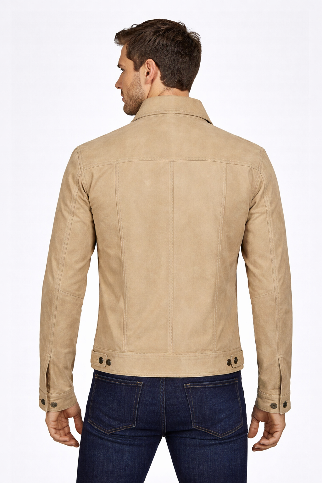 Men's Camel Suede Leather Trucker Jacket - Back