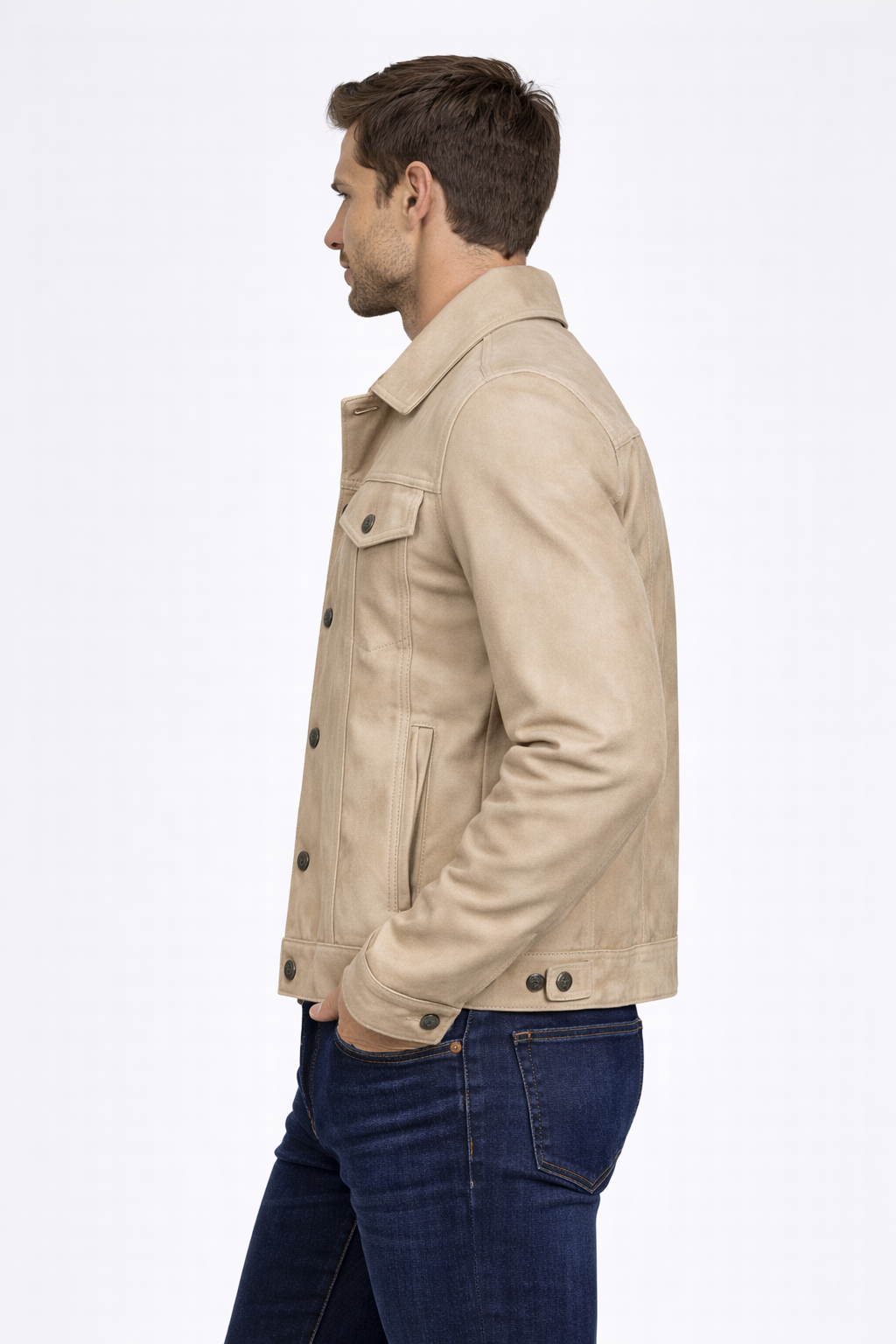 Men's Camel Suede Leather Trucker Jacket - Left