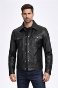 Men's Black Leather Trucker Jacket - Front