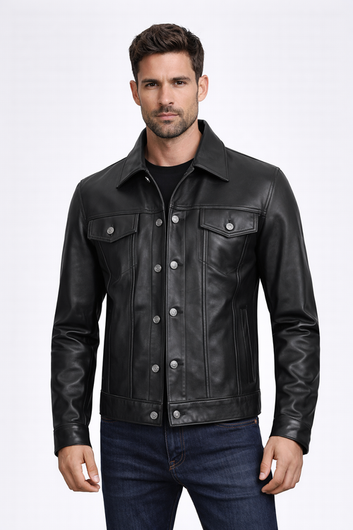 Men's Black Leather Trucker Jacket - Front