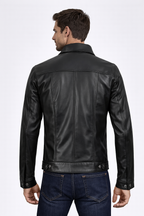 Men's Black Leather Trucker Jacket - Back
