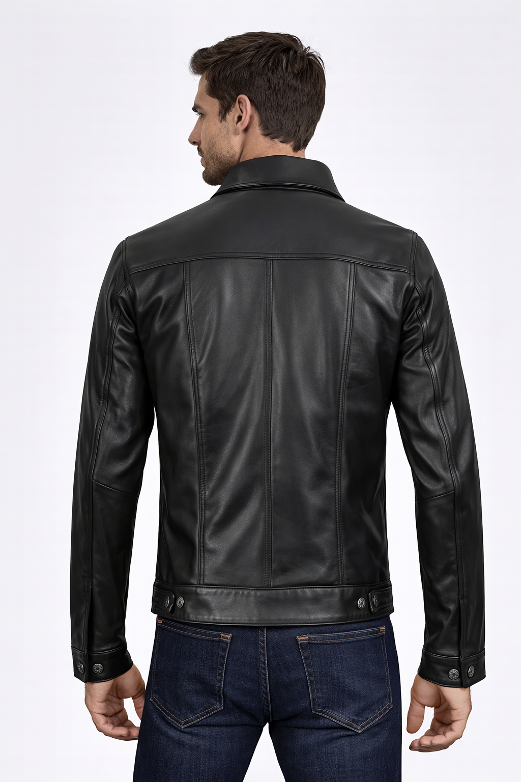 Men's Black Leather Trucker Jacket - Back