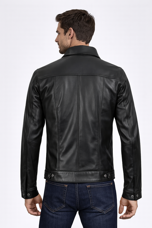Men's Black Leather Trucker Jacket - Back