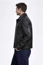 Men's Black Leather Trucker Jacket - Left