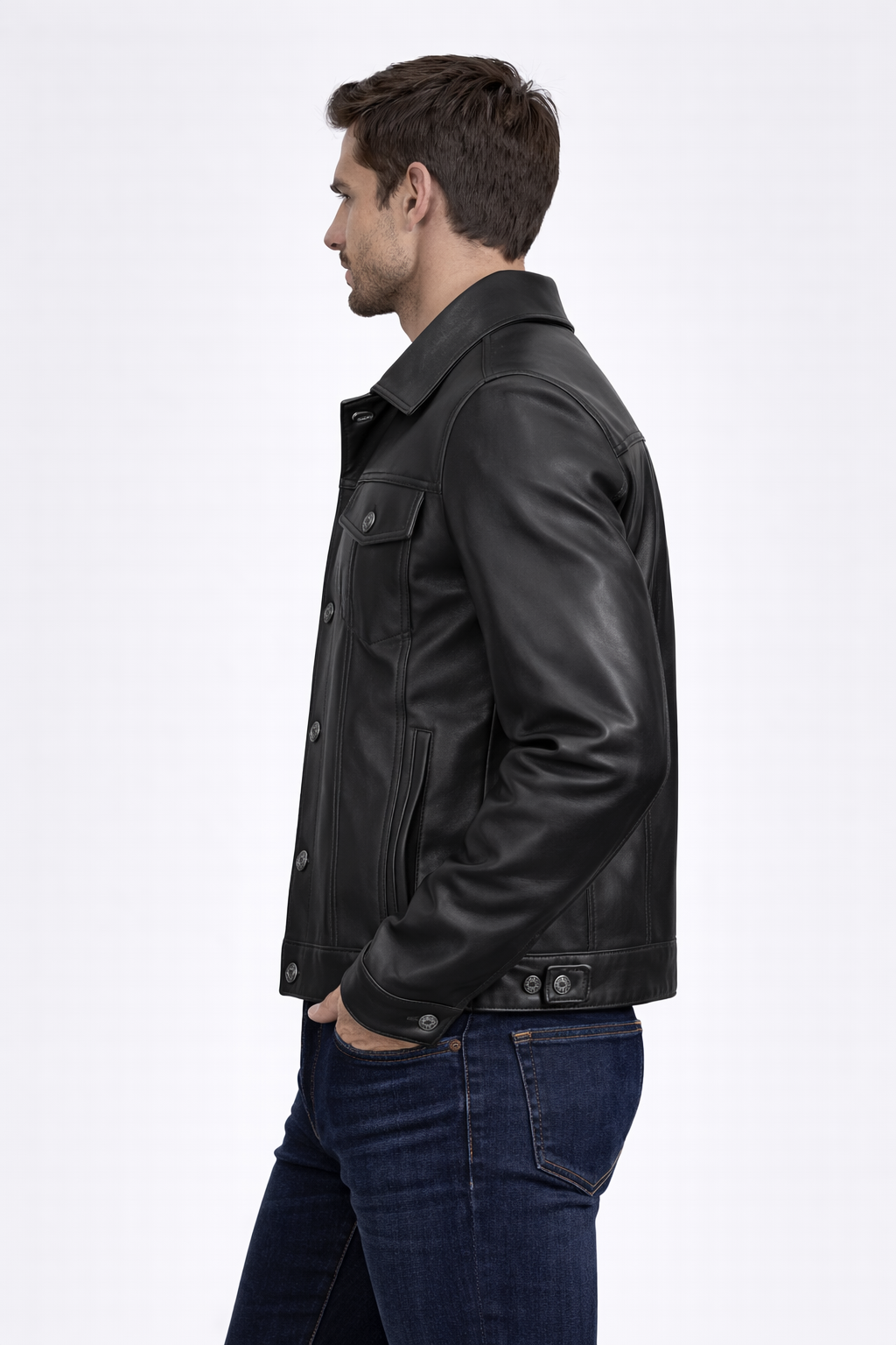 Men's Black Leather Trucker Jacket - Left