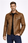 Men's Camel Brown Leather Trucker Jacket - Front