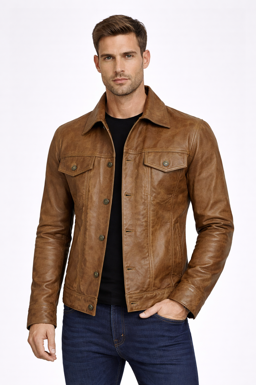 Men's Camel Brown Leather Trucker Jacket - Front