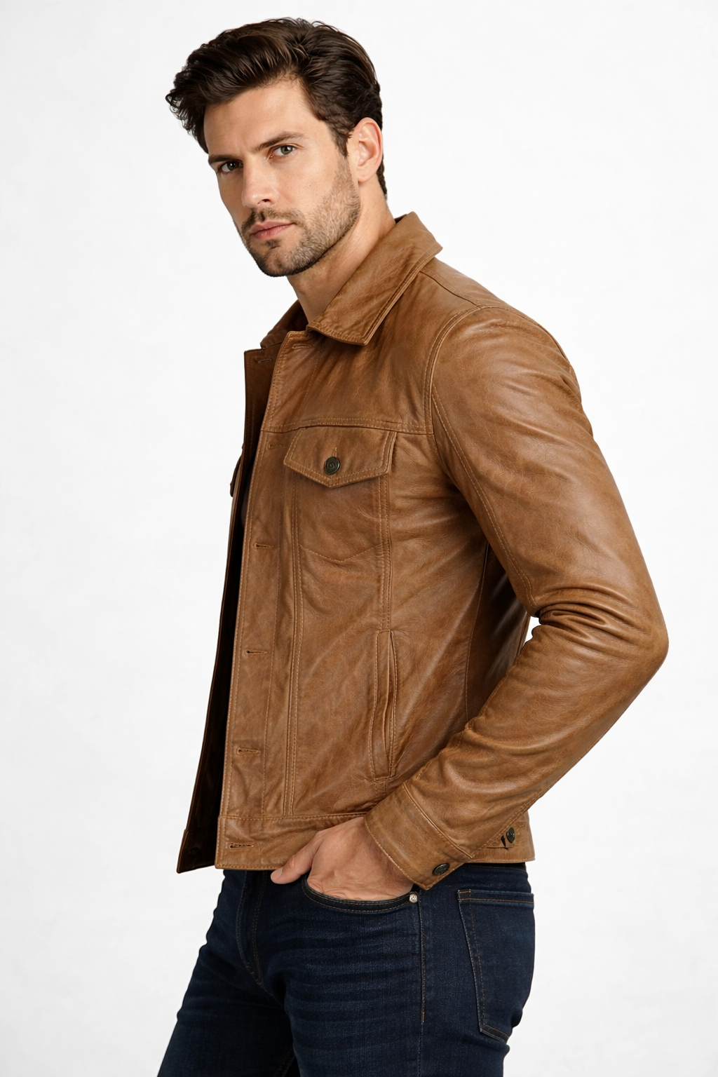 Men's Camel Brown Leather Trucker Jacket - Back