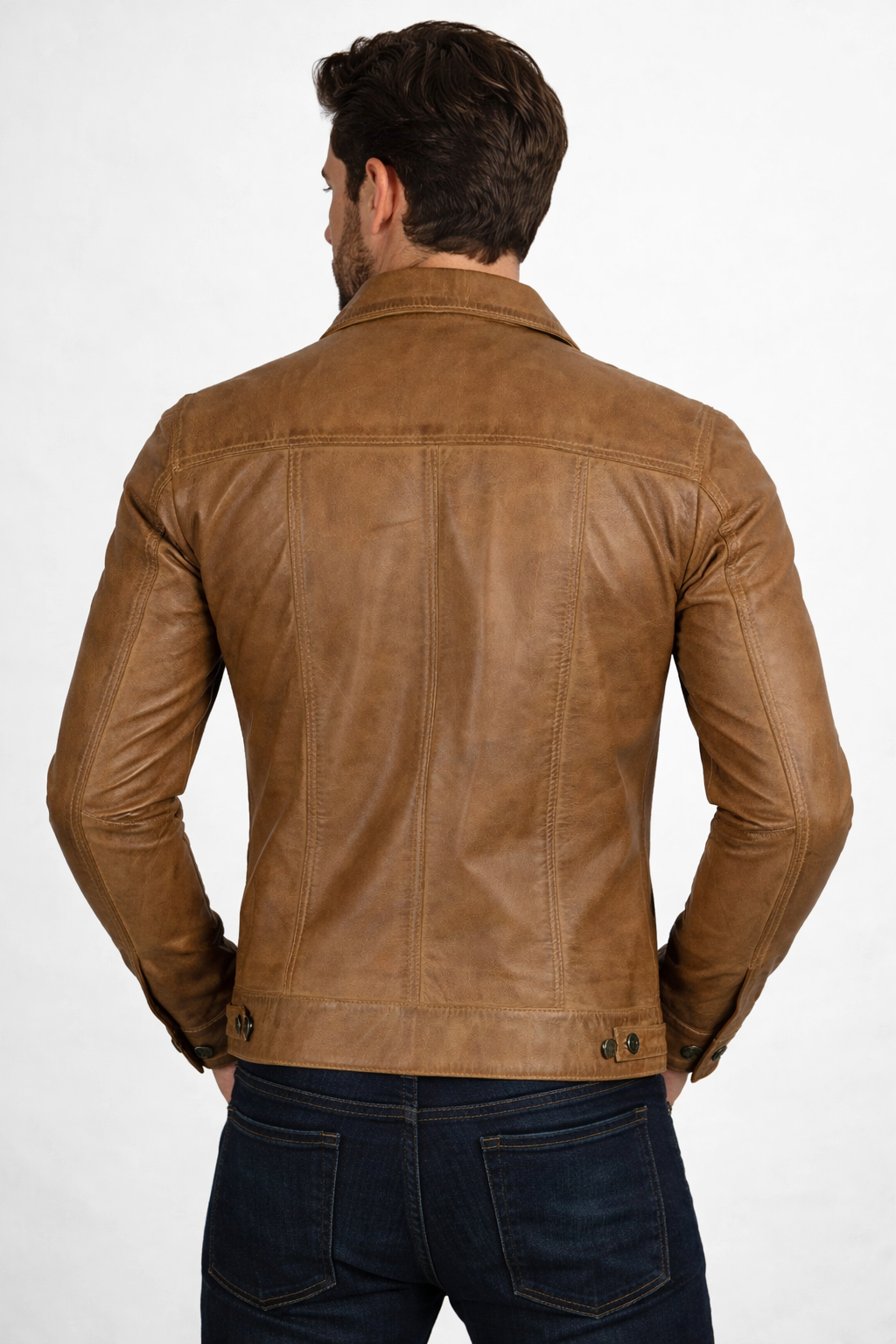 Men's Camel Brown Leather Trucker Jacket - Left