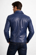 Men's Blue Leather Trucker Jacket - Back