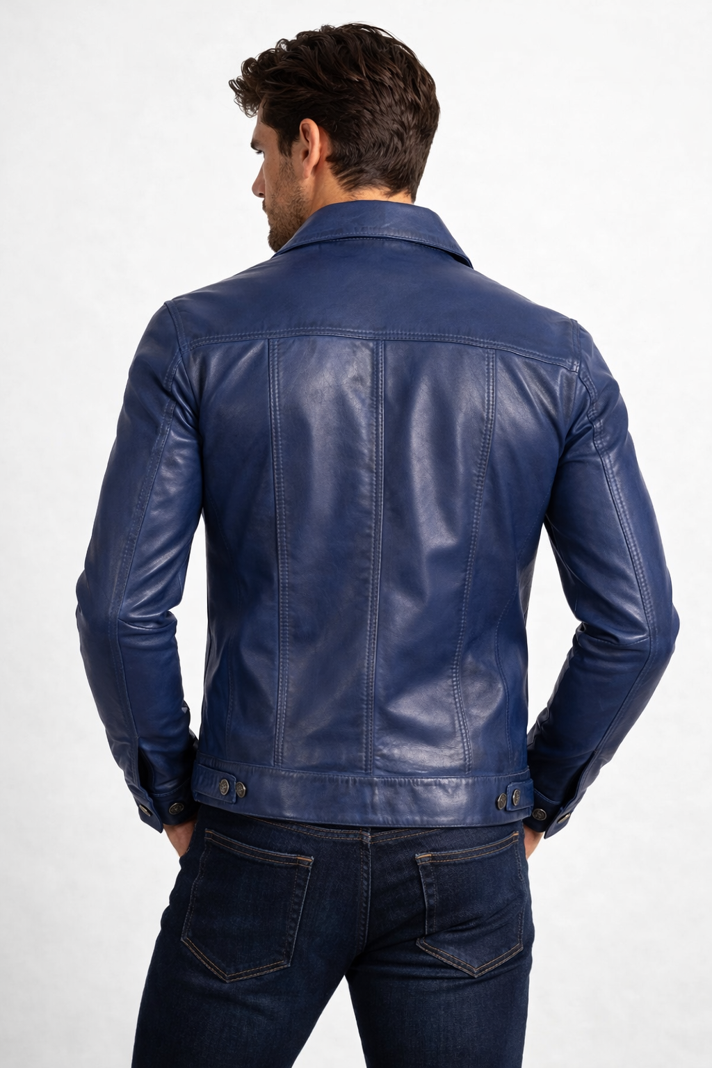 Men's Blue Leather Trucker Jacket - Back