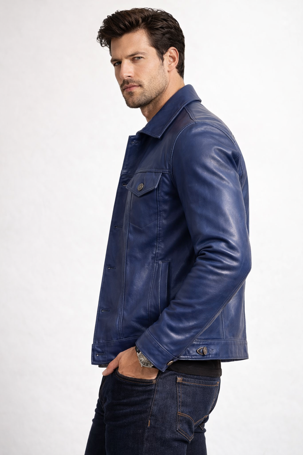 Men's Blue Leather Trucker Jacket - Left