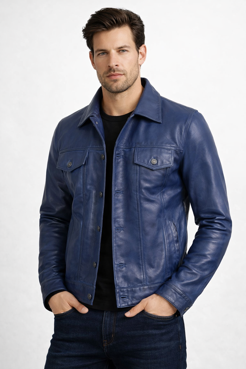 Men's Blue Leather Trucker Jacket - Front