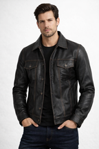 Men's Dark Brown Leather Trucker Jacket - Front