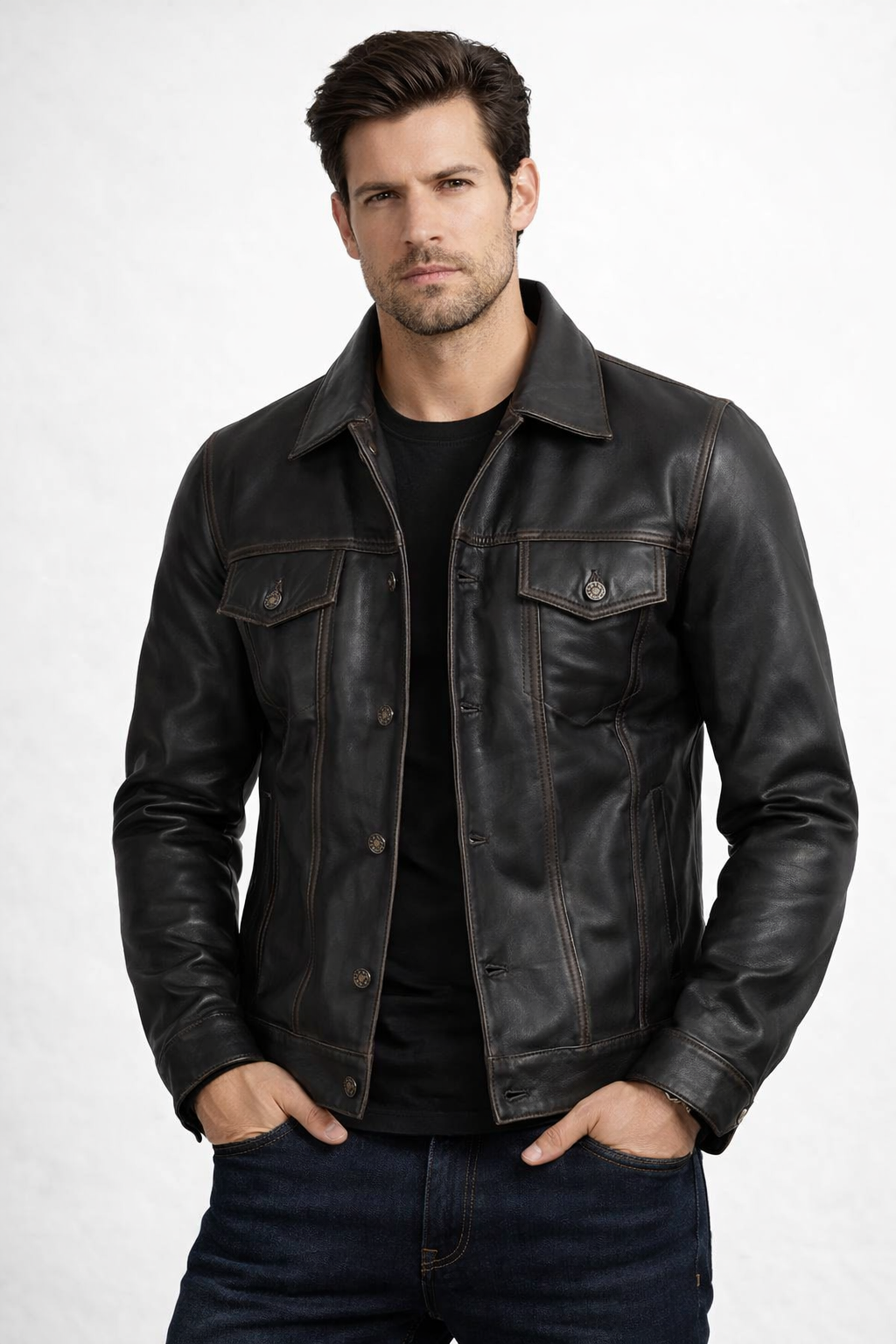 Men's Dark Brown Leather Trucker Jacket - Front