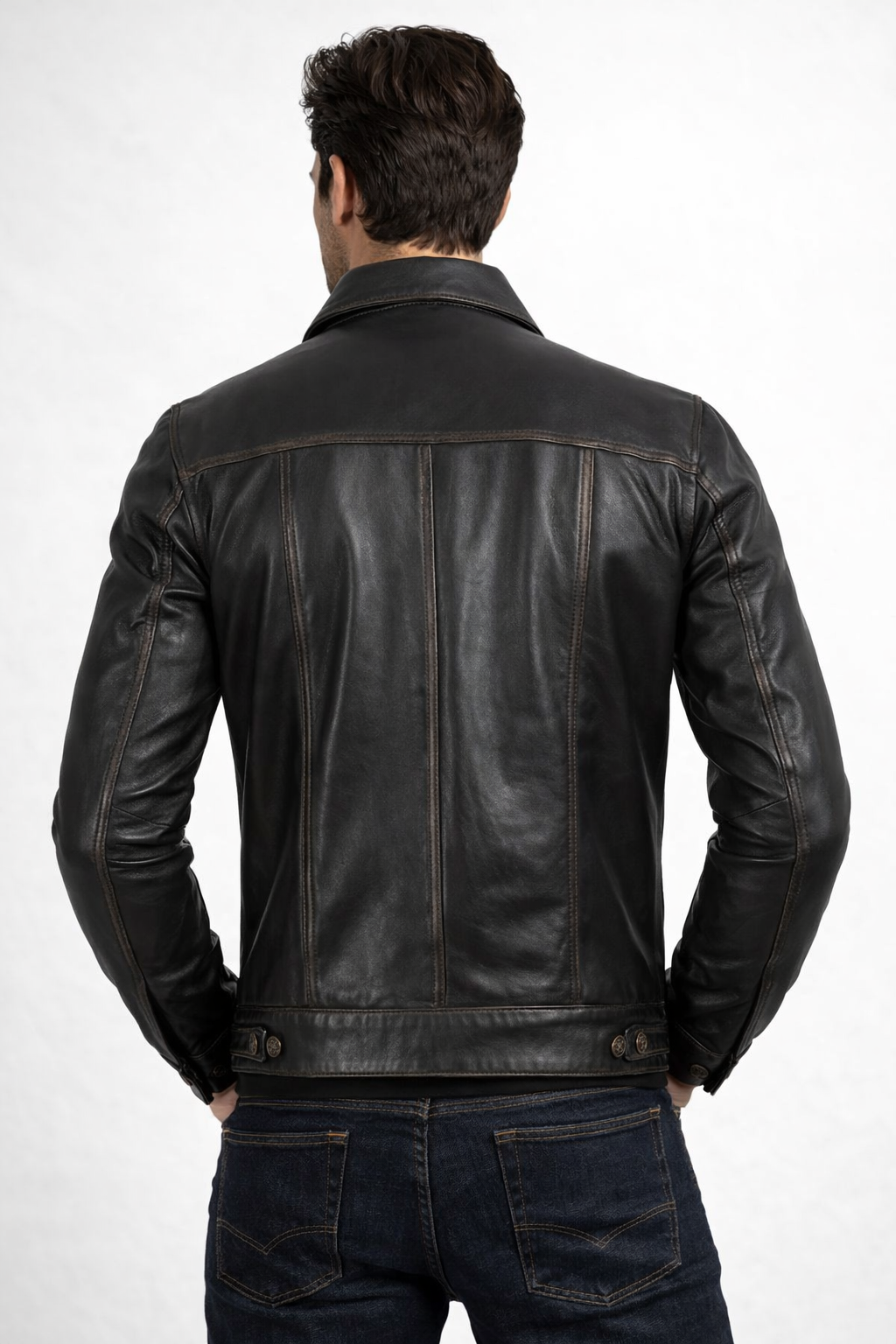 Men's Dark Brown Leather Trucker Jacket - Back