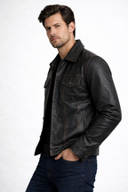 Men's Dark Brown Leather Trucker Jacket - Left