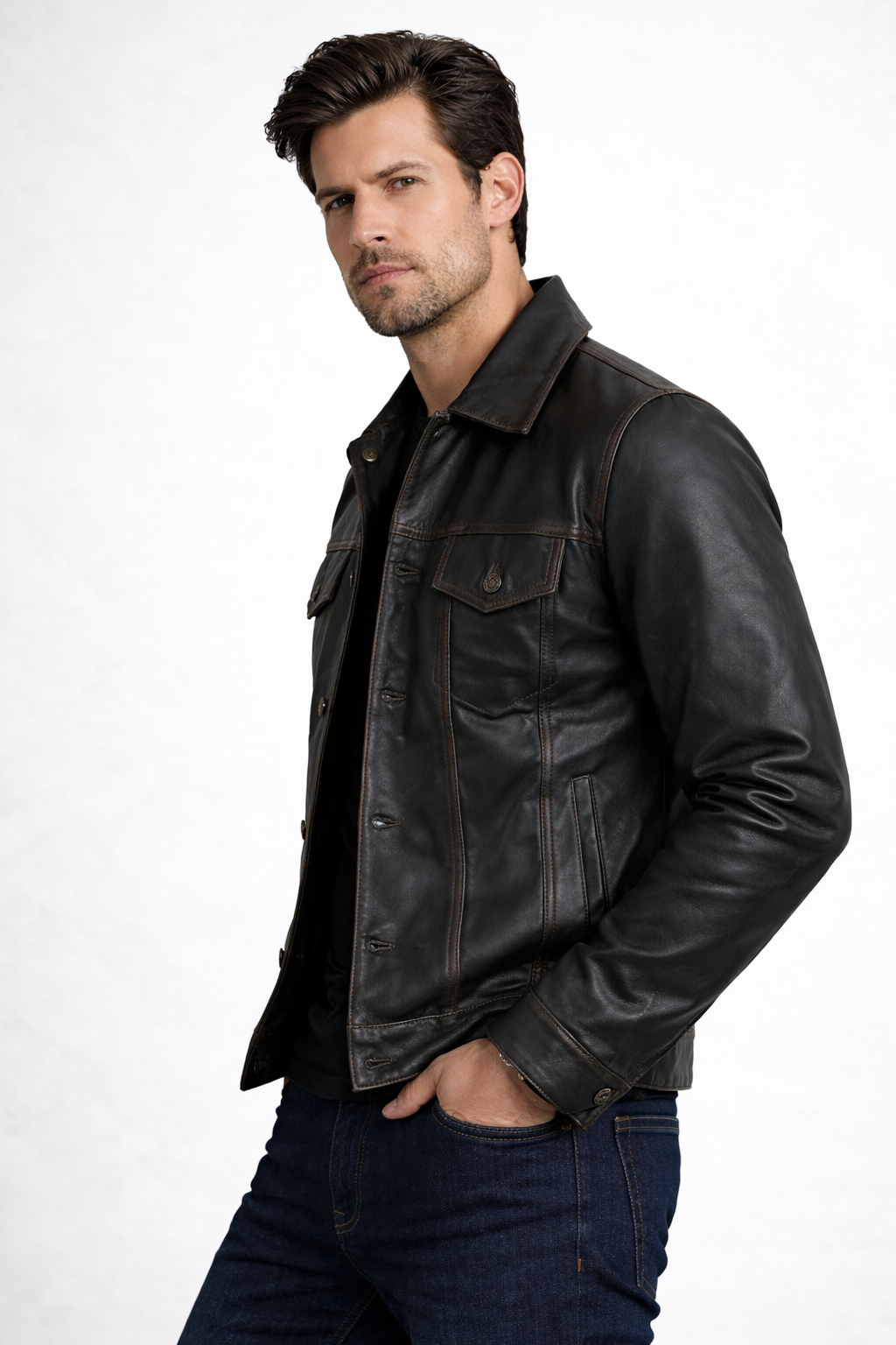 Men's Dark Brown Leather Trucker Jacket - Left