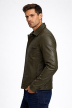 Men's Olive Green Real Leather Trucker Jacket - Front