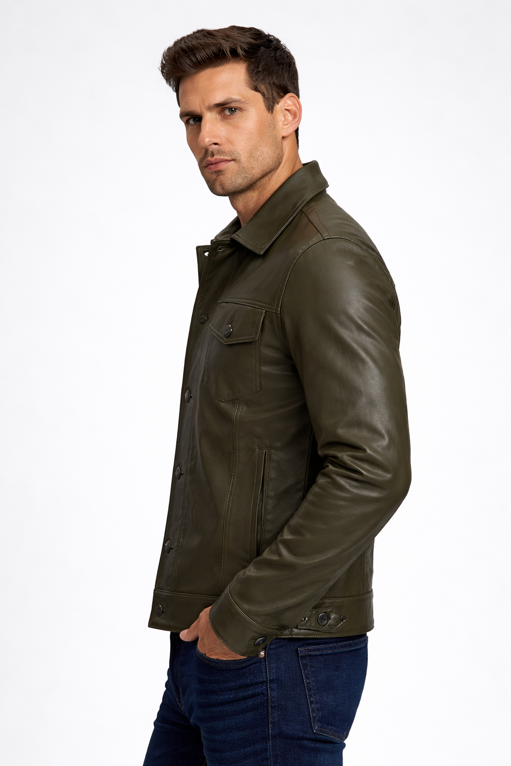 Men's Olive Green Real Leather Trucker Jacket - Front