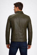 Men's Olive Green Real Leather Trucker Jacket - Back
