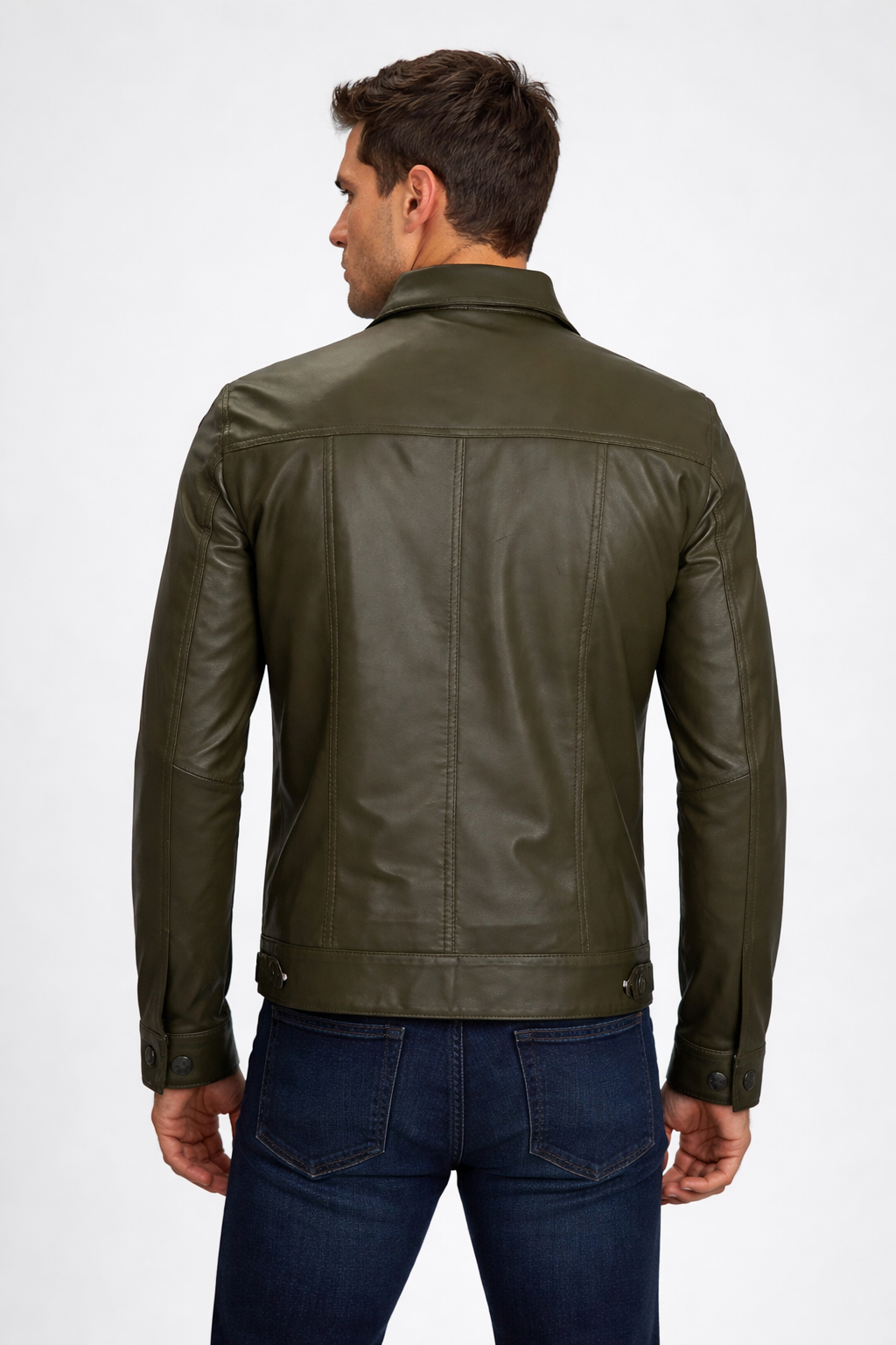 Men's Olive Green Real Leather Trucker Jacket - Back