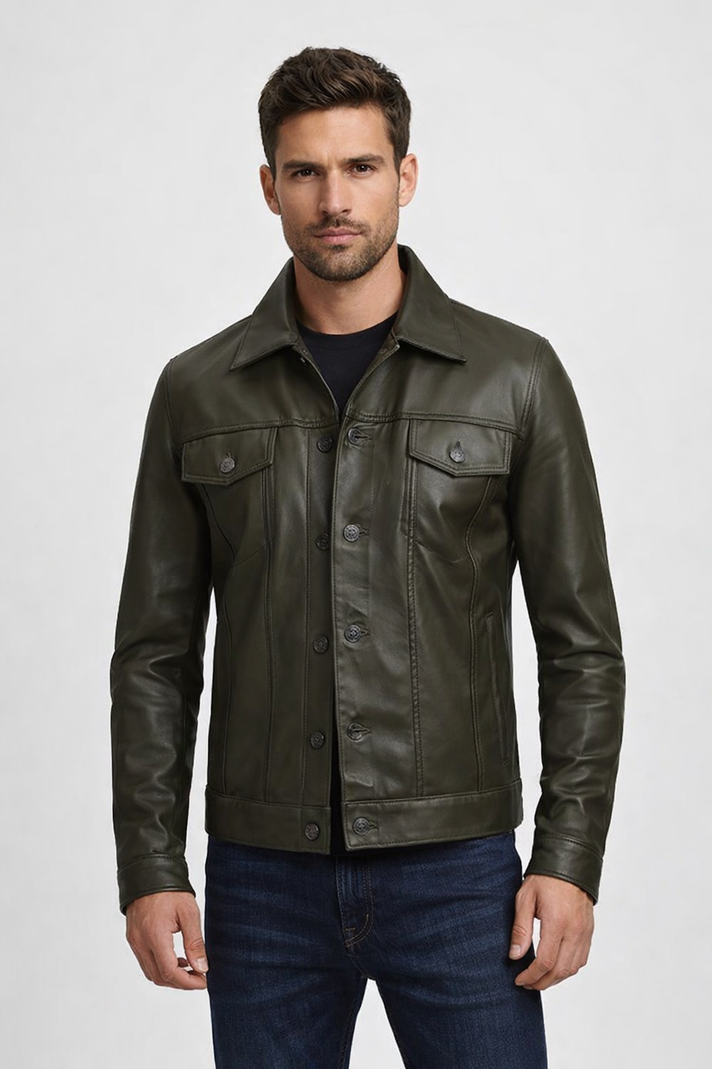 Men's Olive Green Real Leather Trucker Jacket - Left