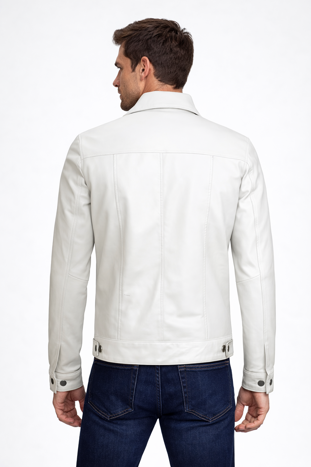 Men's Off White Real Leather Trucker Jacket - Left