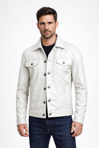 Men's Off White Real Leather Trucker Jacket - Front