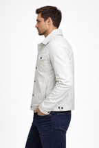 Men's Off White Real Leather Trucker Jacket - Back