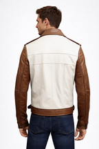 Men's Brown and White Leather Trucker Jacket - Left