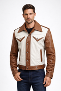 Men's Brown and White Leather Trucker Jacket - Front