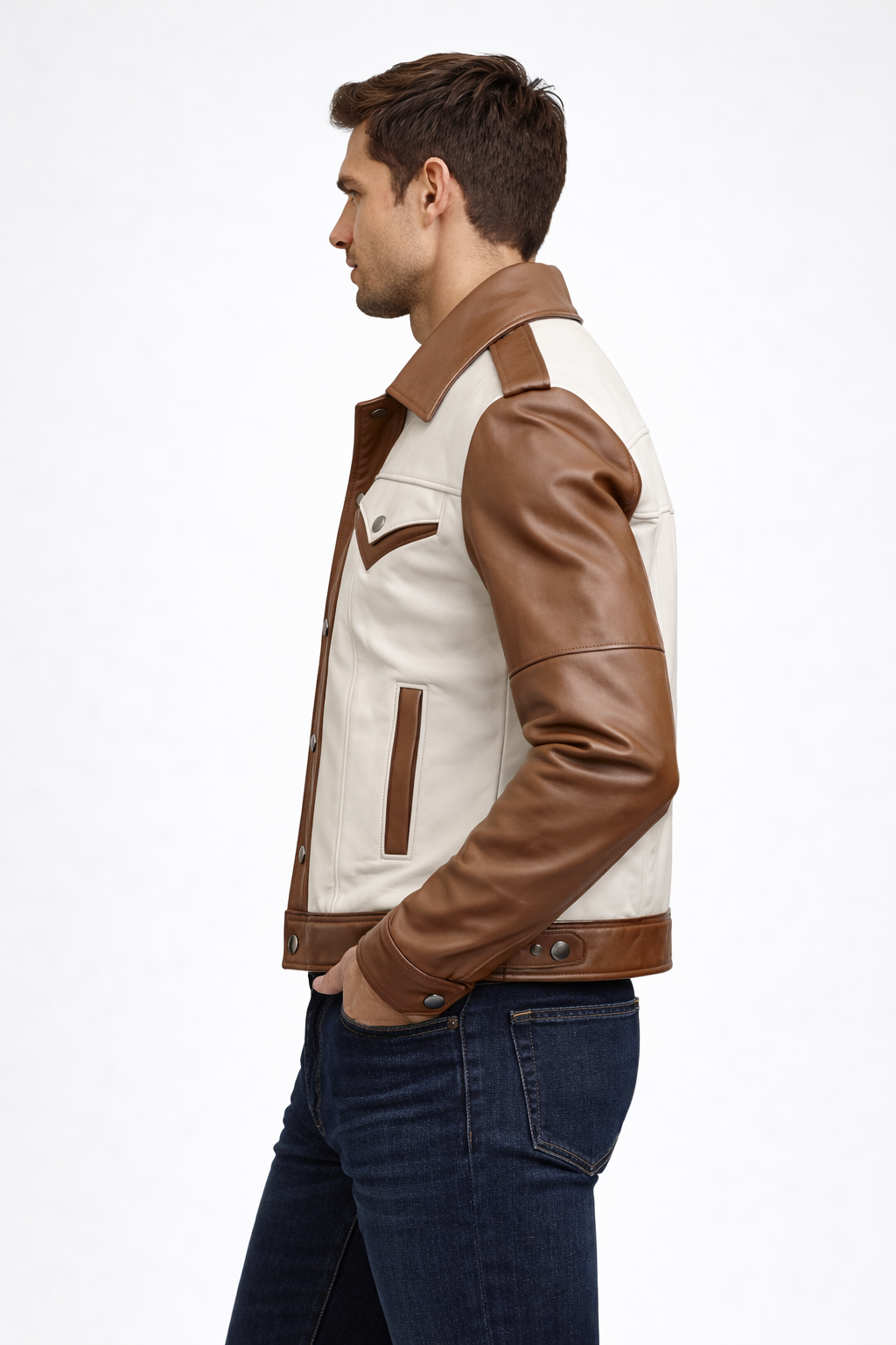 Men's Brown and White Leather Trucker Jacket - Back