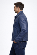 Men's Blue Leather Trucker Jacket - Back