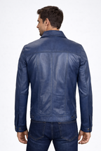 Men's Blue Leather Trucker Jacket - Left