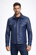 Men's Blue Leather Trucker Jacket - Front