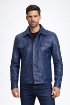 Men's Blue Leather Trucker Jacket - Front