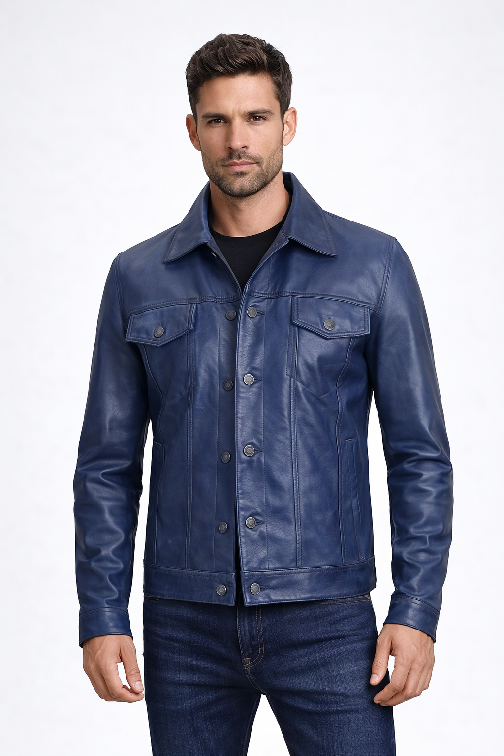 Men's Blue Leather Trucker Jacket - Front