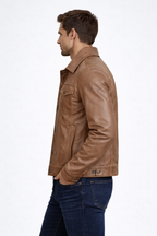 Men's Camel Brown Trucker Leather Jacket - Back