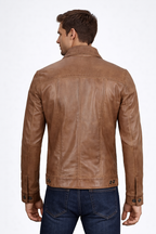 Men's Camel Brown Trucker Leather Jacket - Left