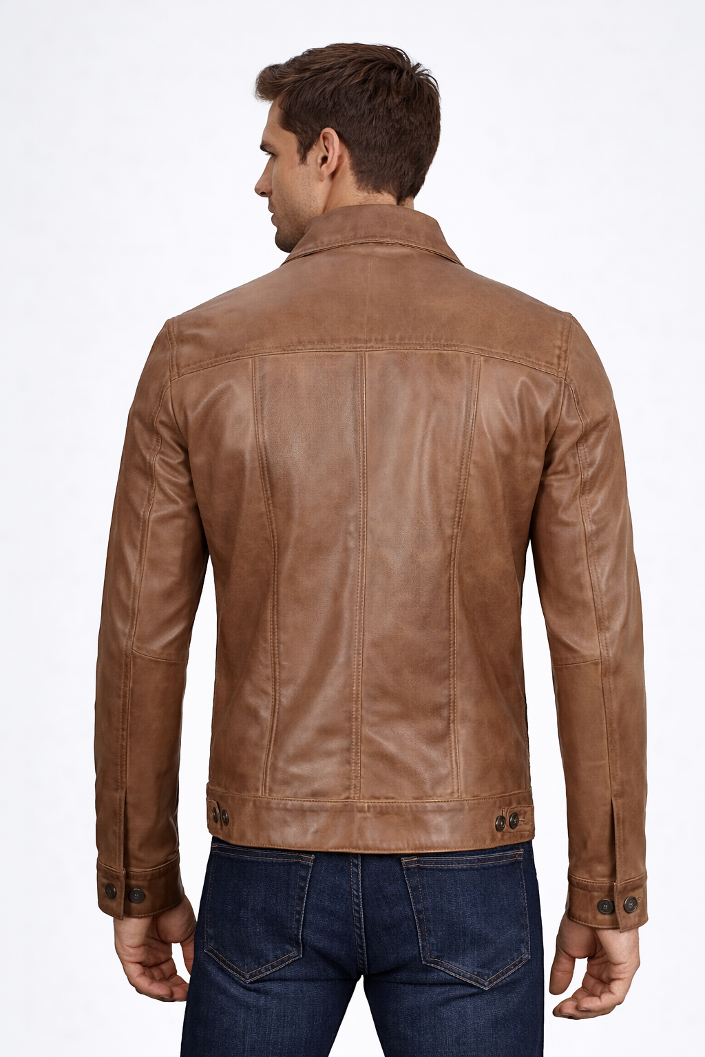 Men's Camel Brown Trucker Leather Jacket - Left