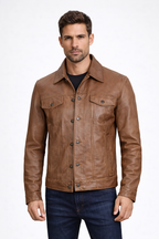 Men's Camel Brown Trucker Leather Jacket - Front