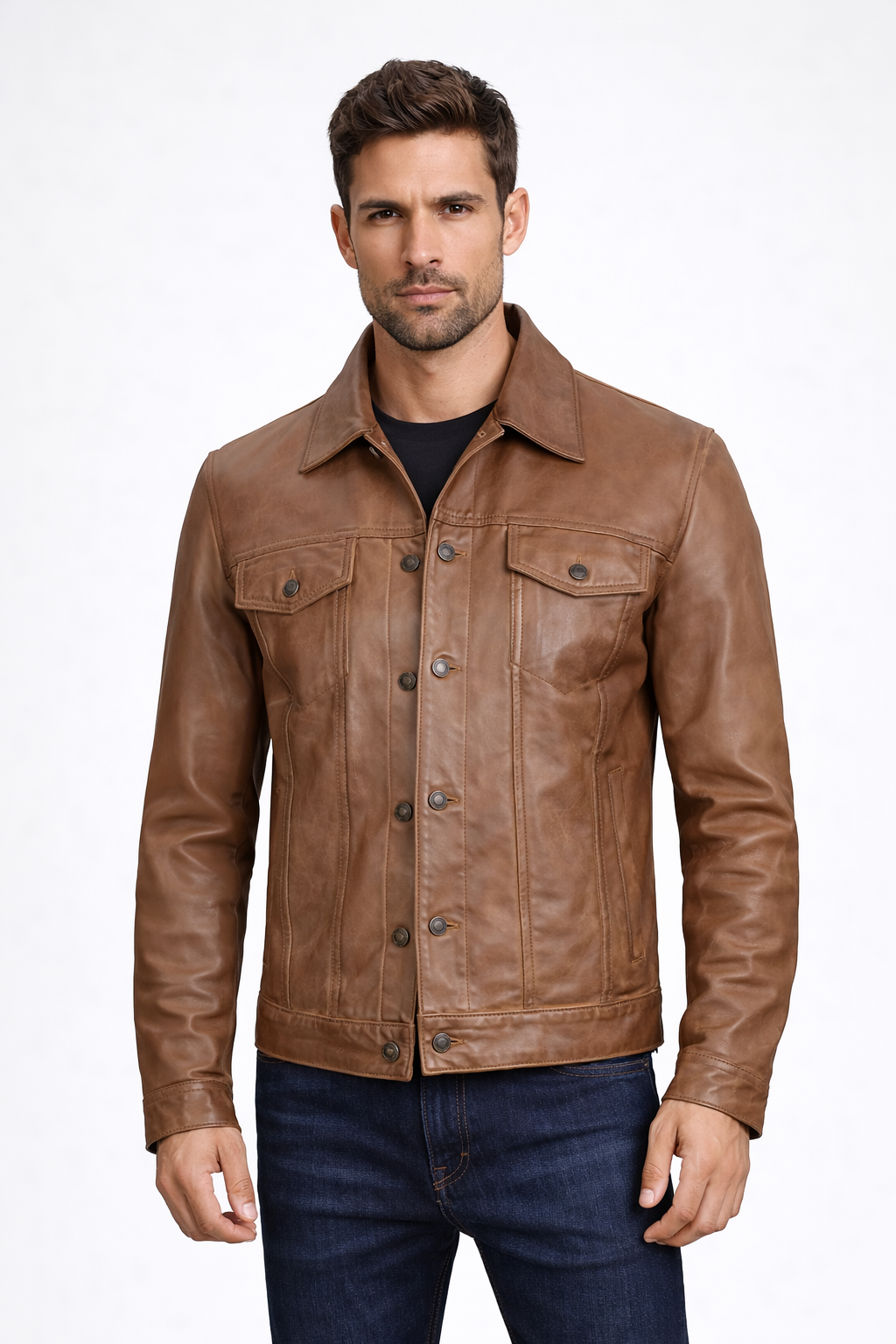 Men's Camel Brown Trucker Leather Jacket - Front