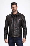 Men's Dark Brown Leather Trucker Jacket - Front