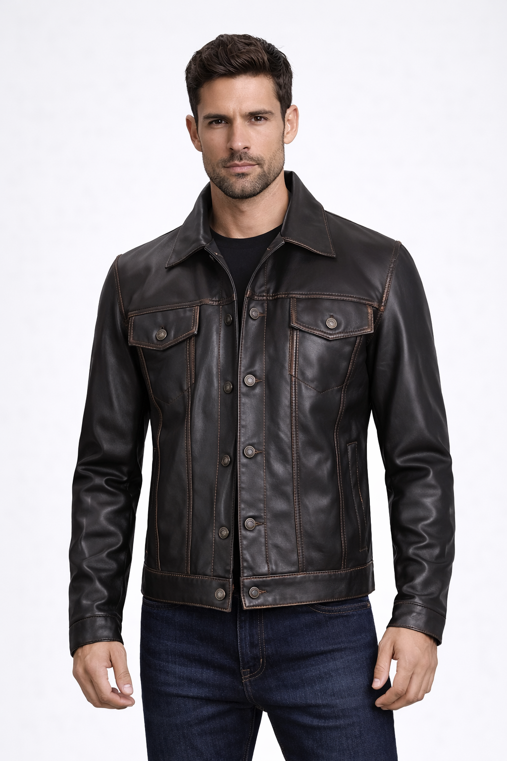 Men's Dark Brown Leather Trucker Jacket - Front