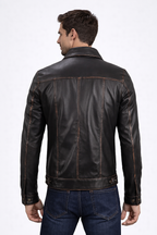 Men's Dark Brown Leather Trucker Jacket - Back