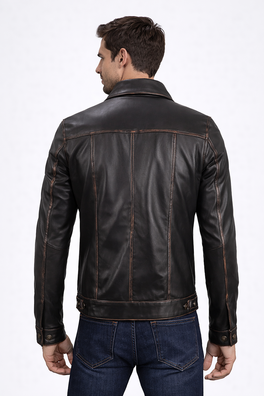 Men's Dark Brown Leather Trucker Jacket - Back